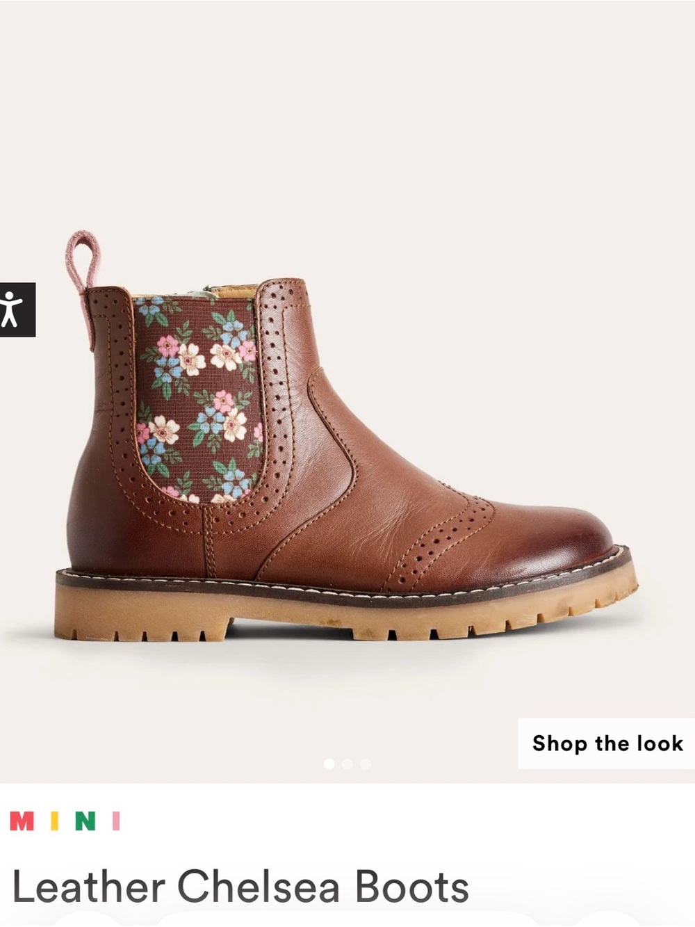 Mini Boden Brown Leather Chelsea Boots with Floral Panel